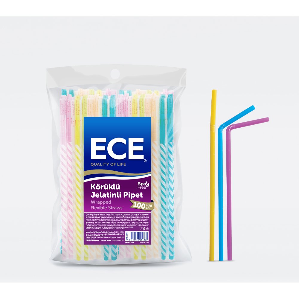 ECE Party Jelatinli Körüklü Renkli Pipet 0,7cm 100'lü