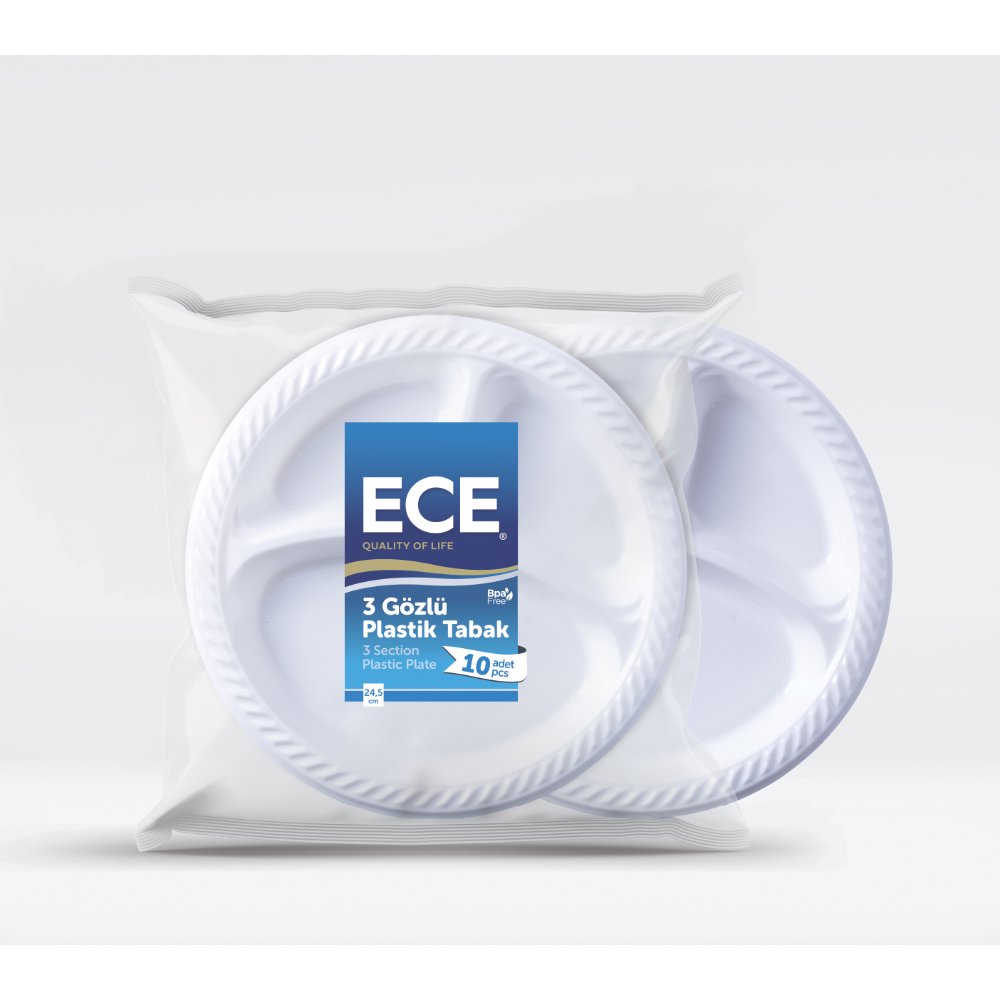 ECE Plastik Tabak 3 Bölmeli 24cm 10'lu